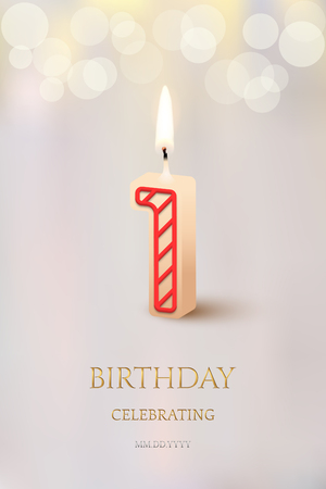 Burning number 1 birthday candle with birthday celebration text on light blurred background. Vector first birthday invitation templateのイラスト素材
