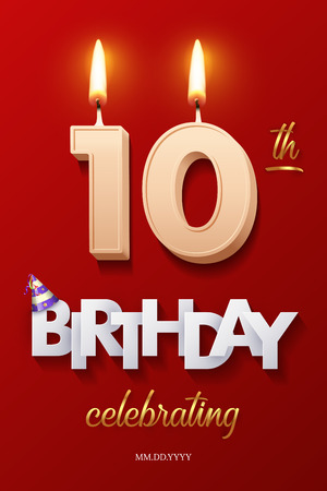 Burning Birthday candle in the form of number 10 figure and Happy Birthday celebrating text with party cane isolated on red background. Vector tenth Birthday invitation templateのイラスト素材