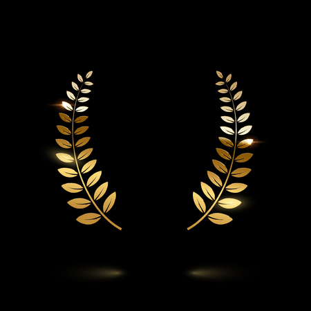 Golden shiny laurel wreath isolated on black background. Vector design elementのイラスト素材
