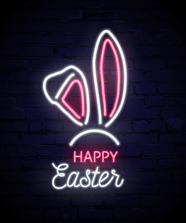 Happy Easter neon template. Pink and white neon rabbit ears isolated on dark brick background. Vector illustrationのイラスト素材