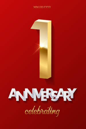 1 golden number and Anniversary Celebrating text on red background. Vector first anniversary celebration event invitation template.のイラスト素材