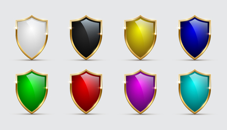 Set of color shields icons with golden frames isolated on white background. Vector design elementsのイラスト素材