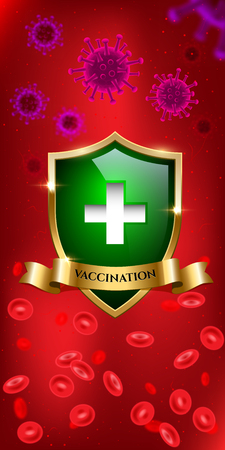 Vaccination vertical design template. Viruses and blood separated by green glass shield with golden frame and ribbon with Vaccination word. Vector illustrationのイラスト素材