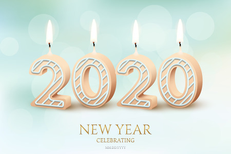2020 New Year celebration horizontal design concept. Vector 2020 yellow burning candles and New Year...