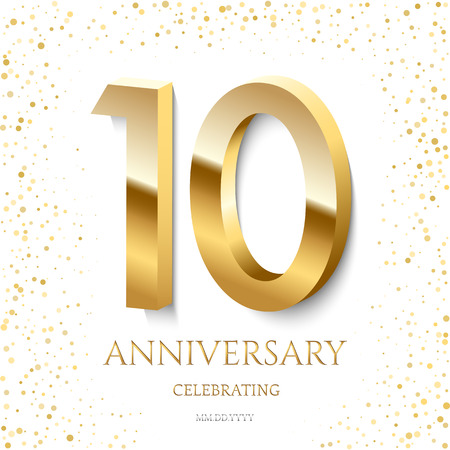Golden 10th Anniversary Celebrating text and confetti on white background. Vector celebration 10 anniversary event template.のイラスト素材