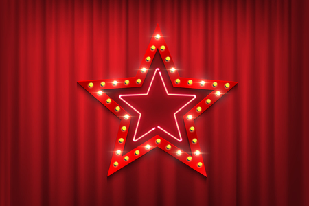 Theatre red curtains with shiny red star sign with light bulbs and neon. Vector illustration.のイラスト素材