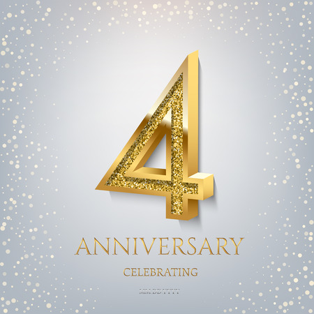 4th Anniversary Celebrating golden text and confetti on light blue background. Vector celebration 4 anniversary event template.のイラスト素材