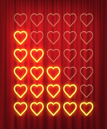 Set of yellow neon hearts rating design elements isolated on red curtain background. Vector kit of neon heart shapes for ranking interfaceのイラスト素材