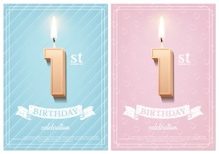 Burning number 10 birthday candles with vintage ribbon and birthday celebration text on textured blue and pink backgrounds in postcard format. Vector vertical birthday invitation templatesのイラスト素材