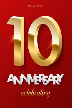 10 golden numbers and Anniversary Celebrating text on red background. Vector vertical tenth anniversary celebration event invitation template.のイラスト素材