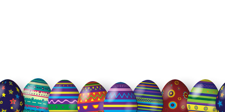 Horizontal seamless pattern made of Easter eggs with different texture on white background. Vector spring holiday seamless backgroundのイラスト素材