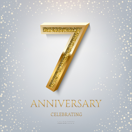 7th Anniversary Celebrating golden text and confetti on light blue background. Vector celebration 7 anniversary event template.のイラスト素材