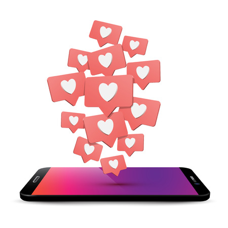 Mobile phone likes and comments 3d realistic vector illustration. Black smartphone perspective view. Social media app concept. SMM, blogging. Telephone with speech bubbles and hearts isometric clipartのイラスト素材