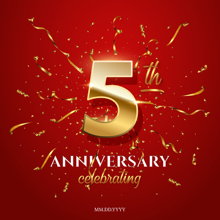 5 golden number and Anniversary Celebrating text with golden serpentine and confetti on red background. Vector fifth anniversary celebration event square template.のイラスト素材