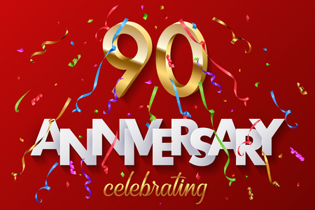 90 golden numbers and Anniversary Celebrating text with colorful serpentine and confetti on red background. Vector celebration 90th anniversary event horizontal template.のイラスト素材