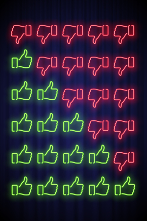 Thumbs up and down vector color illustrations set. Five levels ranking system. Social network green likes and red dislikes. Neon light fingers showing range of satisfaction. Feedback, rating, reviewのイラスト素材