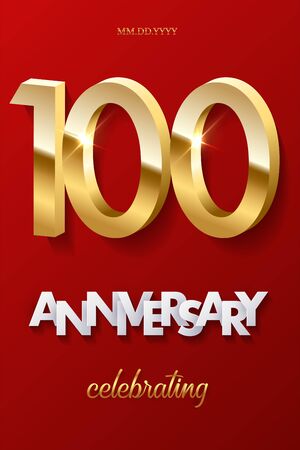 100 golden numbers and Anniversary Celebrating text on red background. Vector vertical hundredth anniversary celebration event invitation template.のイラスト素材