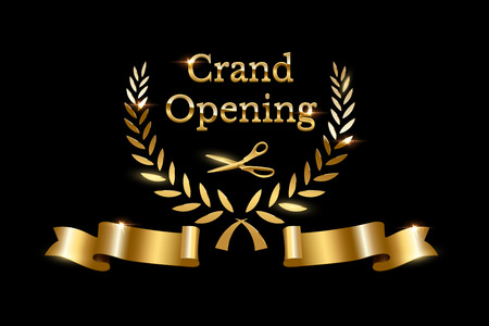 Grand opening design concept. Vector golden laurel wreath, scissors and ribbon on black backgroundのイラスト素材