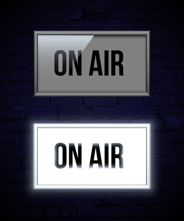 On air switched off and glowing sign color vector illustration. Live show banner. News, radio and television broadcast. Shiny neon light box on red curtain backdrop. Record studio. Classic theater backgroundのイラスト素材