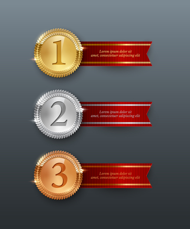 Vector gold, silver, bronze medals and horizontal red ribbons with text space isolated on gray background.のイラスト素材