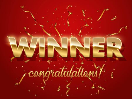 Winner golden sign with serpentine on red background. Vector luxury golden words with ribbons illustration.のイラスト素材