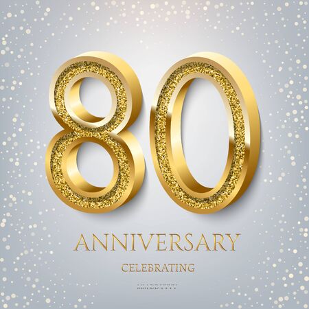 80th Anniversary Celebrating golden text and confetti on light blue background. Vector celebration 80 anniversary event template.のイラスト素材