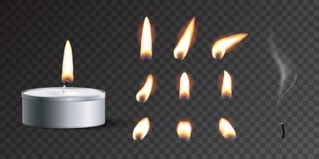 Vector realistic tea candle with fire and candle fire set isolated on transparent background.のイラスト素材