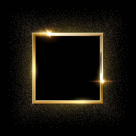 Golden sparkling square frame with golden glitter isolated on black background. Vector design element.のイラスト素材