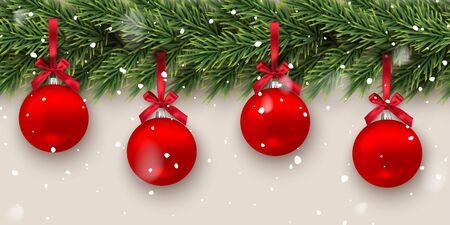 Fir branch with red Christmas balls and snowfall on light background horizontal seamless pattern. Vector seamless Christmas and New Year background.のイラスト素材