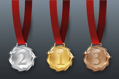 Award golden, silver and bronze medals 3d realistic vector color illustration on gray backgroundのイラスト素材
