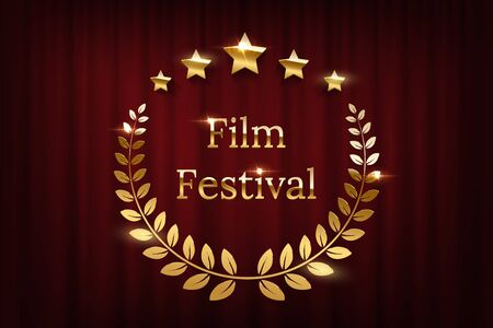 Golden shiny award laurel wreaths, stars and Film Festival text isolated on dark red curtain background. Vector design element.のイラスト素材