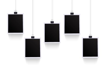 Photos hanging on paper clips isolated on white background. Vector design elements. Blank picture templatesのイラスト素材