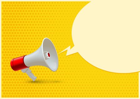 Red and white realistic megaphone and blank speech bubble isolated on yellow pop art background. Vector 3d bullhorn illustration.のイラスト素材