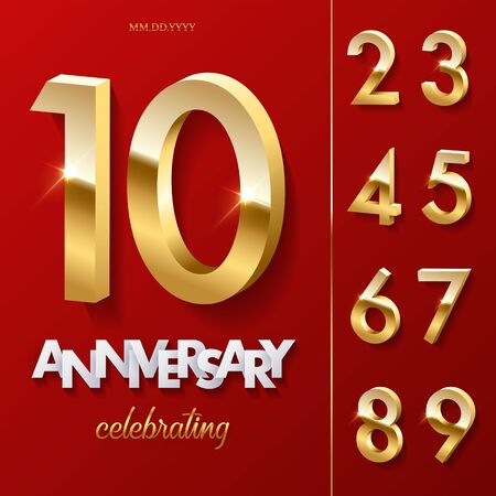 10 golden Anniversary Celebrating text on red background with numbers set. Vector vertical anniversary celebration event invitation template.のイラスト素材