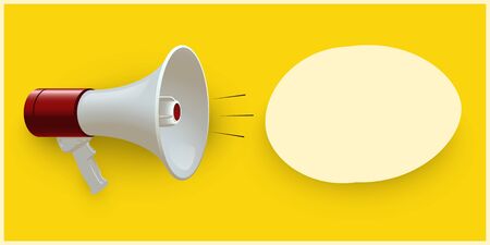 Red and white realistic megaphone and blank oval speech bubble isolated on yellow pop art background. Vector 3d bullhorn illustration.のイラスト素材