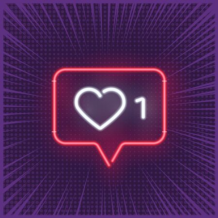 Social network activity indicators neon icon on pop art background. One like quantity significative. Notification with heart, number 1 and speech cloud. Profile management, account overview.のイラスト素材