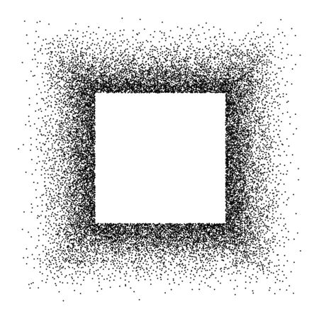 Square black glitter frame isolated on white. Simple creative festive design for holiday or invitations. Rectangle border template. Uneven dots, blobs, spray. Vector illustrationのイラスト素材