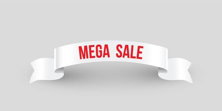 Mega Sale red text on white ribbon isolated on gray. Vector illustration.のイラスト素材