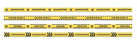 Warning coronavirus quarantine yellow and black striped tapes isolated on white background. Vector seamless design elements set.のイラスト素材