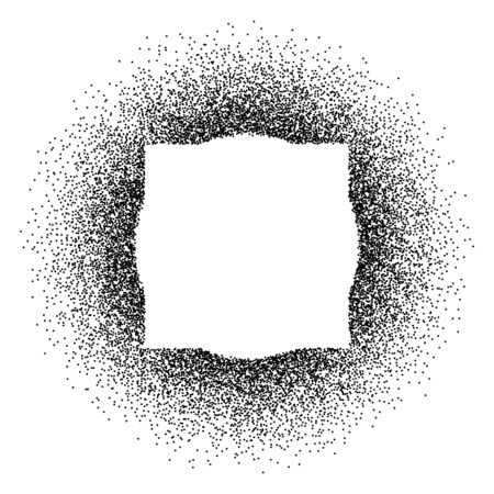 Vector background of round spray dots frame with empty space. Black and white abstract border ink spots or glitter circle shape. Design element of blank square inside for text. Graphic grunge textureのイラスト素材