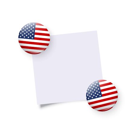 Fridge load stones holding empty sticker. Original USA round magnet, badge, circle button template isolated on white. American national symbol. United States of America flag. Vector illustration.のイラスト素材