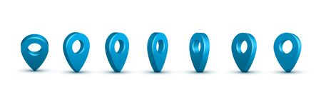 Shiny blue realistic map pins set. Vector 3d pointers isolated on white background. Location symbols in various anglesのイラスト素材