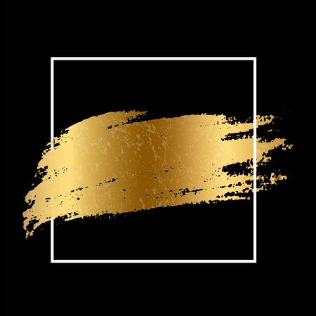 Golden paint smear stain with white square frame. Vector gold brush stroke design elementのイラスト素材