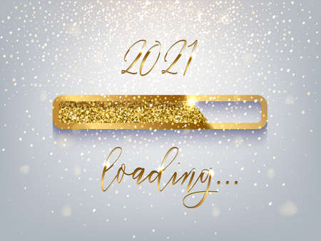 New Year golden loading bar vector illustration. 2021 Year progress with lettering. Party countdown, download screen. Invitation card, banner. Event, holiday expectation. Sparkling glitter backgroundのイラスト素材