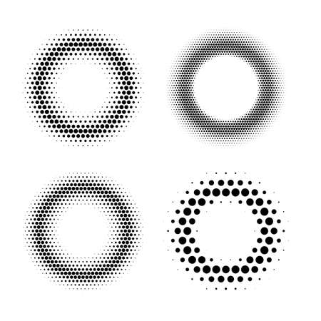 Four halftone radial gradient in circle shape polygonal form abstract design element set isolated on white background. Dark light monochrome round figure. Explosion, mosaic geometric ornamentのイラスト素材