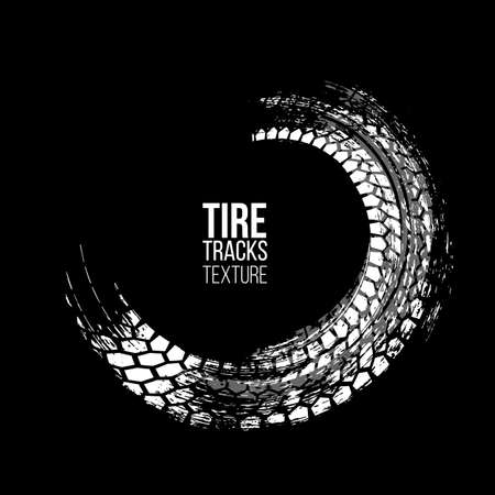 White tire tracks texture isolated on black background. Vector design elementのイラスト素材