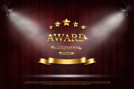 Golden shiny award sign with star and ribbon isolated on dark red background. Vector illustrationのイラスト素材