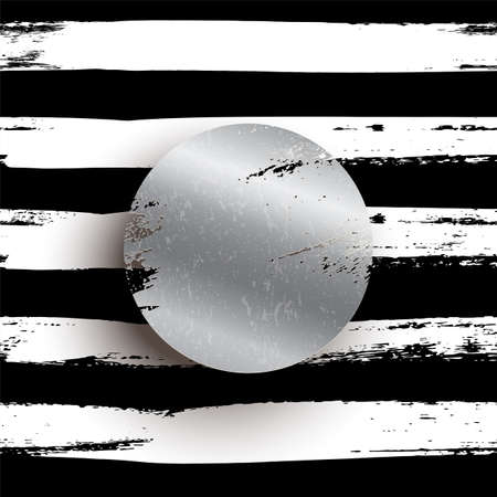 Round silver stamp vector illustration. Glittering metallic circle on striped black background. Shining grunge element with copyspace. Foil brush texture. Luxury, premium, elegant design.のイラスト素材
