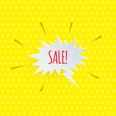 Vector paper speech bubble with SALE word isolated on yellow comic book background.のイラスト素材