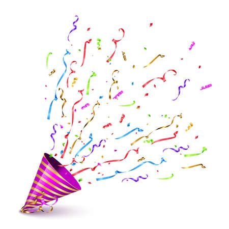 Pink and gold striped party cane with exploding serpentine isolated on white background. Vector holiday design element.のイラスト素材